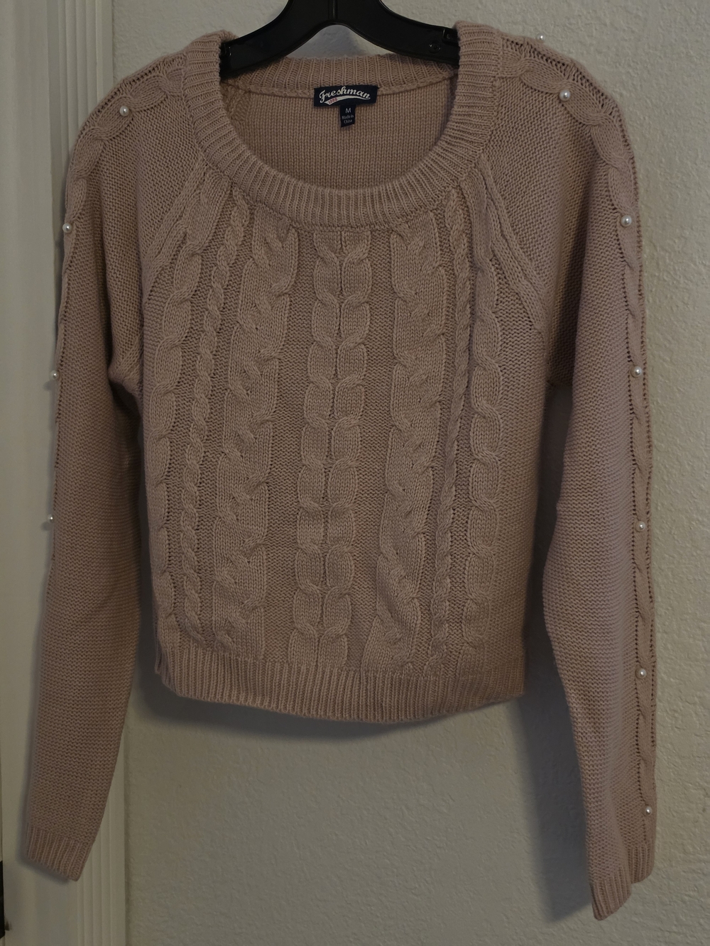 Freshman Blush Cable Knit Crew Sweater with Pearl Trim